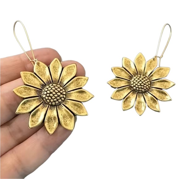Boho Gold Sunflower Drop Hook Earrings - Picture 1 of 5